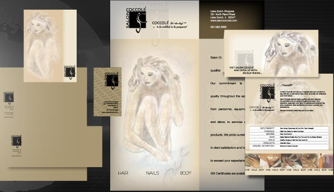 Salon Cocole initial branding package included logo design, wall art, corporate stationary, business cards, services brochure, and more.