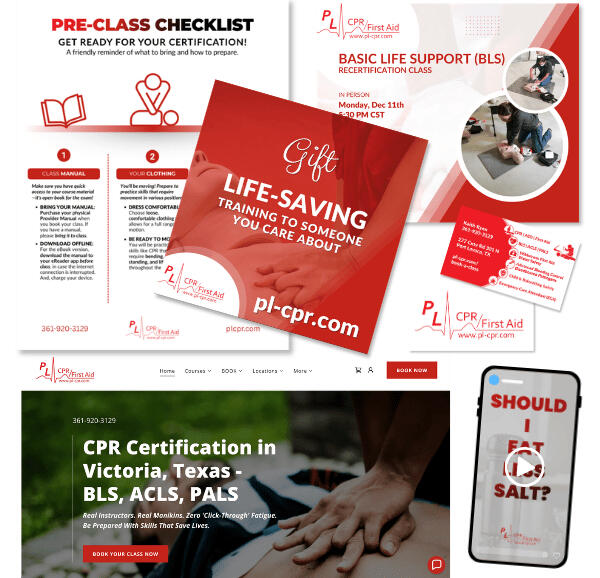 PL-CPR (Port Lavaca CPR) Marketing Social media short video, eGift campaign, flyer, ad, business card, website